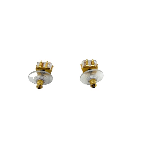 Gold Tone Cubic Zirconia Stud Earrings Square Cut Clear - Picture 7 of 8